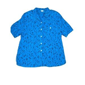 Vintage Brandtex Blouse 20 Blue Black Floral Doodle Button Up Shoulder Pads S/S